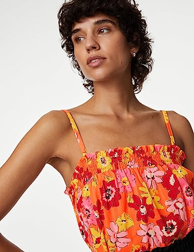 Image of Marks & Spencer Pure Cotton Printed Smocked Detail Cami Top