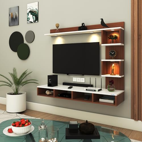 Image of Anikaa Kirina Engineered Wood Wall Mount TV Unit with LED Lights TV Cabinet TV Entertainment Unit Set Top Box Stand (Walnut /White) (Ideal for 43 Inch)(D.I.Y)