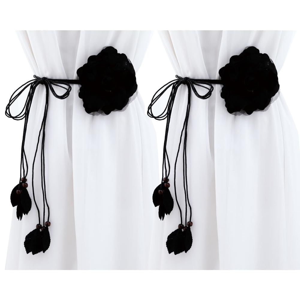 2 Pcs Curtain Tiebacks, Country Style Flower Curtain Holdback Straps, Decorative Drapery Holder for Home Office Patio Decor Tie Backs (Black)