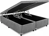 Cama Box Baú Queen Bipartido 79, Blindado, Pistão á Gás, Pés de Madeira (Suede, Cinza)
