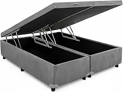 Cama Box Baú King Bipartido 96, Blindado, Pistão á Gás, Pés de Madeira (Suede, Cinza)