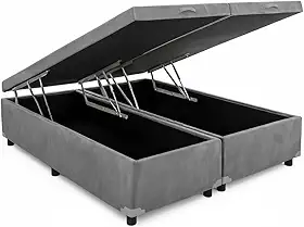 Cama Box Baú Queen Bipartido 79, Blindado, Pistão á Gás, Pés de Madeira (Suede, Cinza)