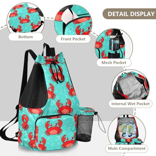Cartoon Crab Bubble Turquoise Drawstring Gym Backpack for Men Women Pull String Sports Swim Bag with Mesh Pocket & Adjustable Strap Outdoor Casual Portable Bag for Travel Outdoor Swimming3