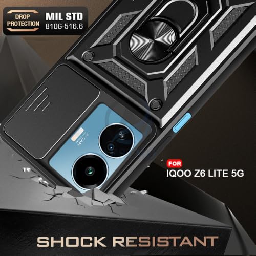 Image of AESTMO Tough Armor iQOO Z6 Lite 5G Bumper Back Case Cover | Ring Holder & Sliding Camera Shield Cover | 360 Degree Protection Back Case Cover for iQOO Z6 Lite 5G (Black)