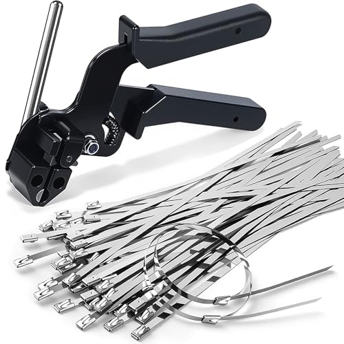 BALABULALA Stainless Steel Cable Tie Gun Kit 100pcs 11.8inch Heavy Duty Metal Zip Ties Self-Locking UV & Corrosion Resistant Stainless Steel Zip Ties for Fence Exhaust Pipe Chicken Coop Farm Use