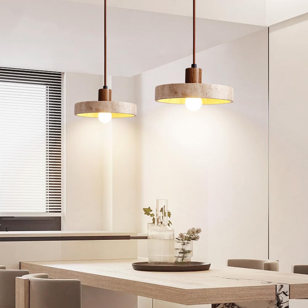 Luminaire suspendu rond, îlot de cuisine, lampe à suspension en pierre de grotte jaune, tasse en bois, éclairage de plafond suspendu long et réglable, lustre rétro Wabi Sabi en travertin jaune, lampes
