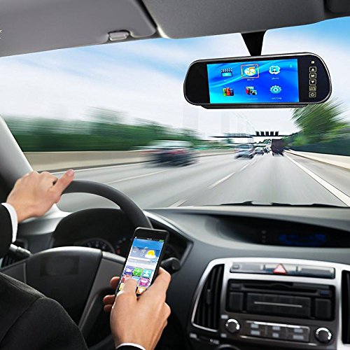 Image of SunRise Rearview 7 Inch TFT LED Mirror Monitor with Waterproof Backup Camera Combo for Reverse Parking with Bluetooth, USB and SD Card