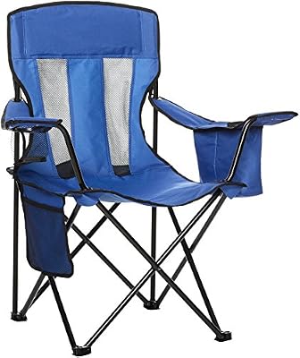 Amazon Basics Portable Folding Camping Chair with 4-Can Cooler, Side Pocket, Cup Holder, and Carry Bag, Sturdy, Breathable Mesh Back, Large, Blue