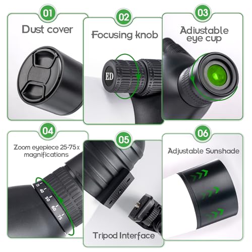 Image of 25-75x60 Spotting Scopes for Target Shooting Spotter Scope Hunting Bird Watching 45 Degree Angled with Tripod Carrying Bag Smartphone Adapter White
