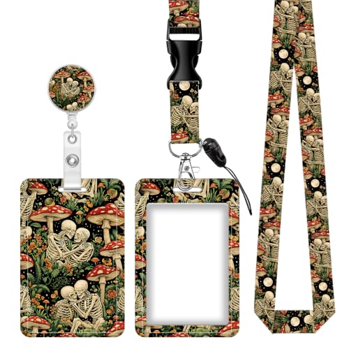 Mushroom Skull ID Badge Holder with Retractable Badge Reel Clip and Lanyard, Cute Vertical Name Tag Card Holder for Nurse Teacher Doctor Student