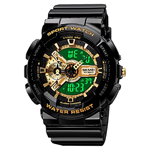 Mens Digital Sports Watch Large Face Sports Outdoor Waterproof Military Wrist Watch for Men with Date Multifunction Tactics LED Army Stopwatch Black Gold