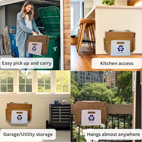 Image of Box Caddy - Cardboard Recycling Organizer. The ultimate solution to store, transport, and recycle your boxes. Eliminates cardboard clutter. (White /Blue with Wall Bar)