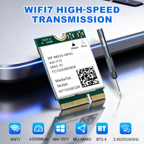 Tarjeta de Red Inalámbrica WiFi 7 MT7925 BE6500, M.2 2230, Bluetooth 5.4, Tri-banda 6G/5G/2.4GHz, 802.11be OFDMA, Compatible con Intel y AMD, Windows 11/10 de 64 bits miniatura 4