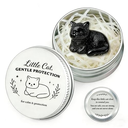 Black Obsidian Crystal Cat Ornament - Healing Crystal Gifts for Cat Lovers | Inspirational Gifts in a Tin with Affirmation You Are Safe Strong & Never Alone | Black Cat G-ifts for Calm & Protection