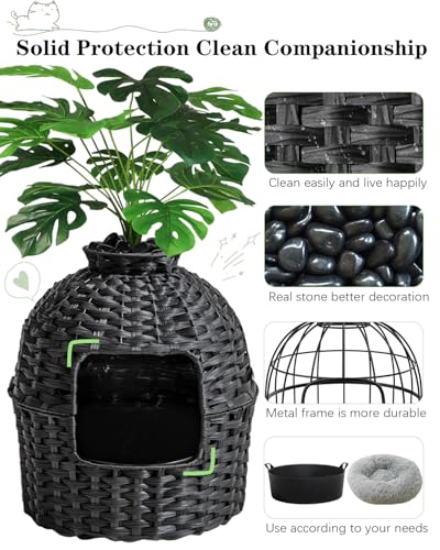 Image of SETVSON Cat Litter Box Plant Furniture Enclosure, Hidden Handwoven Rattan with Cat Litter Box and Artificial Plants, Odor Control Filter, Real Stones in Living Room, Bedroom, Corner (Black)