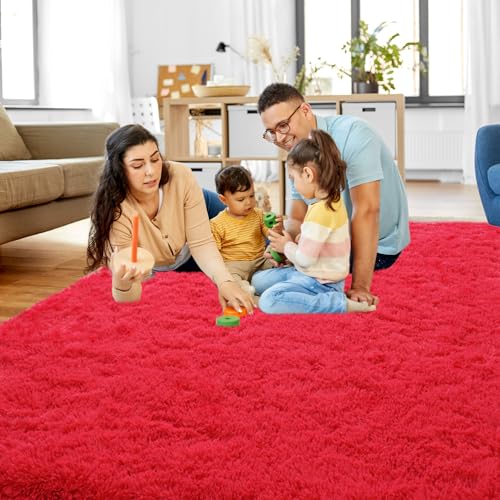 Red Rugs for Living Room, 5x7 Large Fluffy Area Rugs for Bedroom, Soft Carpet Shag Kids Rug with 4 Non-Slip Rug Pads (Red, 5ft x 7ft)