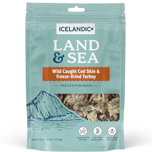 Icelandic+ Land & Sea Wild Caught Cod Skin & Freeze-Dried Turkey - 2.4oz Bag, Dog Treat & Food Topper, 2 Ingredients, No Preservatives, All Natural