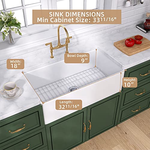 Tuktuk White Farmhouse Sink 33 Inch Fireclay Apron Front Single Bowl Kitchen Sink Deep Drop In Farm Sink Undermount With Custom Bottom Grid & Strainer Drain #TOP3