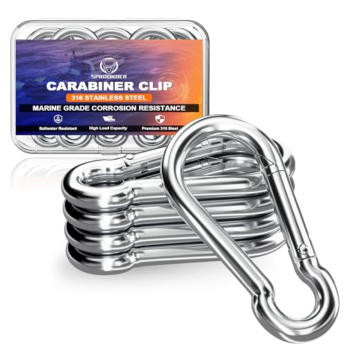 Image of sprookber 316 Stainless Steel Carabiner Clip, Marine Grade Heavy Duty Spring Snap Hook for Outdoor, Boat, Hammock, Set of 5
