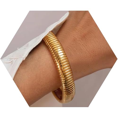 Gold Bangles for Women Chunky Stretch Bangles Bracelets Set 18K Gold Plated Stainless Steel Link Chain Bracelets Flexible Wide Wristband Bracelets Set of 3 Jewelry for Women