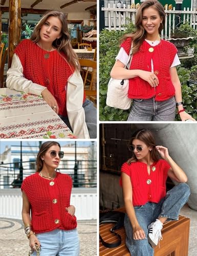 Image of Wyeysyt Sweater Vest Women Sleeveless Crop Knit Cardigan Casual Button Down Cropped Knitted Sweater Vest with Pockets