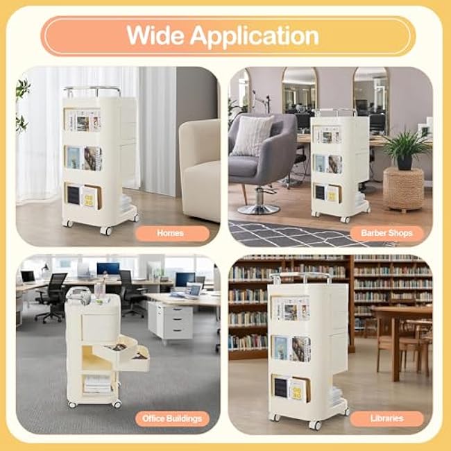 3 Tier Storage Cart, Movable Utility Storage Cart Rolling Utility Cart with Drawers Storage Rack with Wheels Mobile Trolley Cart for Homes, Office, Libraries, Restaurants (Cream Color)-iHS3dLPW