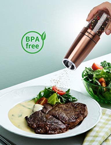 Electric Gravity Salt And Pepper Mill Set【White Light】- Battery Operated Automatic Salt And Pepper Mills With Light,Adjustable Coarseness,One Handed Operation,Cleaning Brush,Copper By Amusewit #TOP3