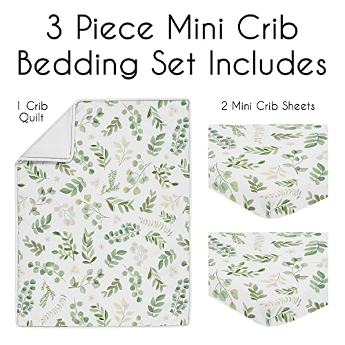 Image of Sweet Jojo Designs Green Boho Floral Leaf Baby Boy Girl Mini Crib Bedding Set Infant Nursery Room Newborn Blanket Portable Pack n Play Sheets Sage Bohemian Gender Neutral Watercolor Botanical 3pc