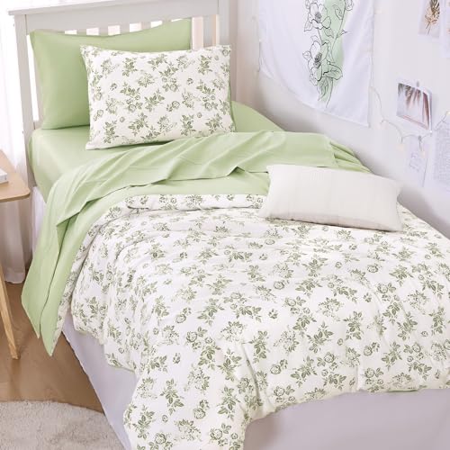 Image of Wake In Cloud - Cottagecore Comforter Set, Floral Vintage Flower Shabby Chic Coquette Aesthetic for Women Teen Girls, Soft Lightweight Dorm Bedding, 3 Pieces, Sage Green, Twin /Twin XL Size