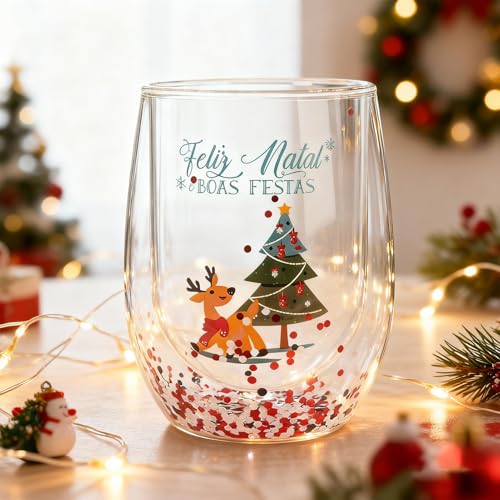 Verres à latte macchiato - Double paroi - Verres de Noël - 300 ml - Verres à café à double paroi - Verres à paillettes - Verres à vin chaud - Cadeaux de Noël (C)