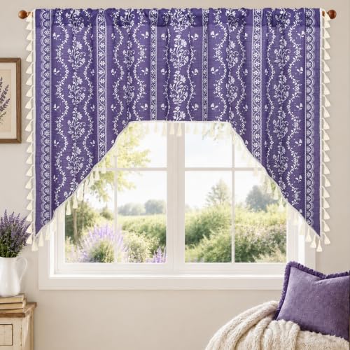 Image of Yinhua Boho Swag Valance Curtains Vintage Linen Valances for Windows Light Filtering Floral Kitchen Valance Rod Pocket Rustic Tassel Window Valances for Bathroom Cafe, 60 inch W x 36 inch L, Purple