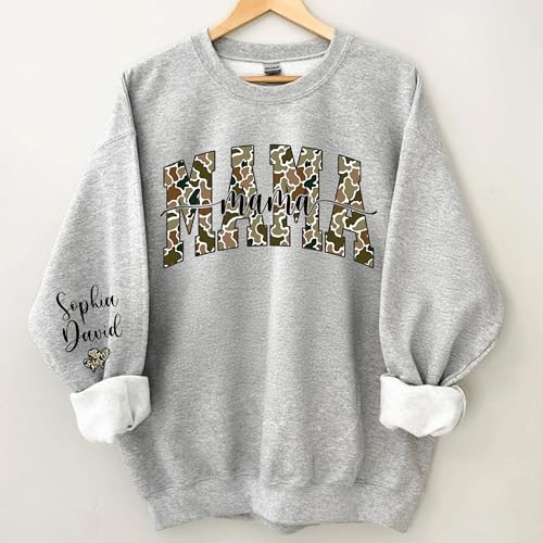 Custom Camouflage Mama Sweatshirt with Grandkids Names on Sleeve, Camo Varsity Mama Hoodie, New Mom Gift3