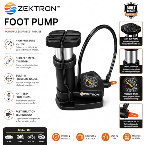 Image of ZEKTRON Foot Pump for Car & Bike Tyres | 160 PSI High Pressure Portable Air Pump with Pressure Gauge | Dual Valve Heavy Duty Floor Inflator for Bicycle, Motorcycle, Football & Sports Balls