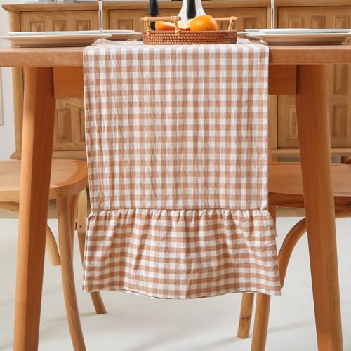 Taupe White Plaid Gingham Ruffle Table Runner 72...