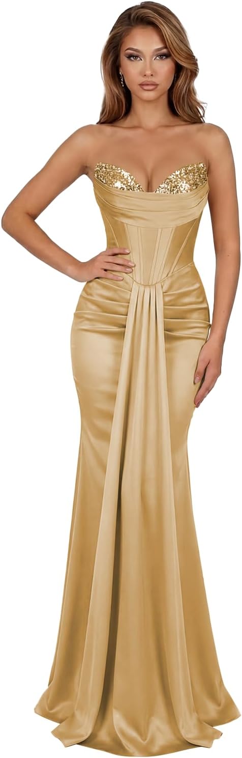 Mermaid Satin Corset Prom Dresses with Tie 2026 Long Pleated Sequin Strapless Formal Evening Gown WA136