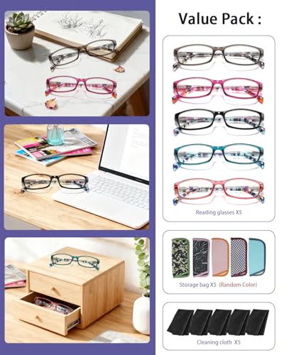 Image of Women's Fashion Reading Glasses, 5 Pairs Blue Light Blocking Readers with Durable Spring Hinges 0.5x to 4.0x
