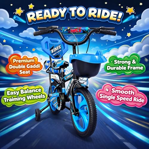 Image of Kids Cycle 14T with Training Wheels Double Gaddi (90% Assembled) for Boys and Girls (Bluee)