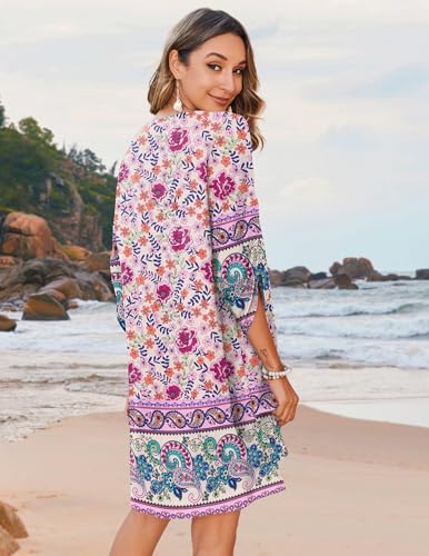 Image of Zeagoo Womens Boho Dresses Casual Beach Summer Dress Tassel Tie Neck 3 /4 Long Sleeve Mini Sundress 2025 Floral Print Cover Up