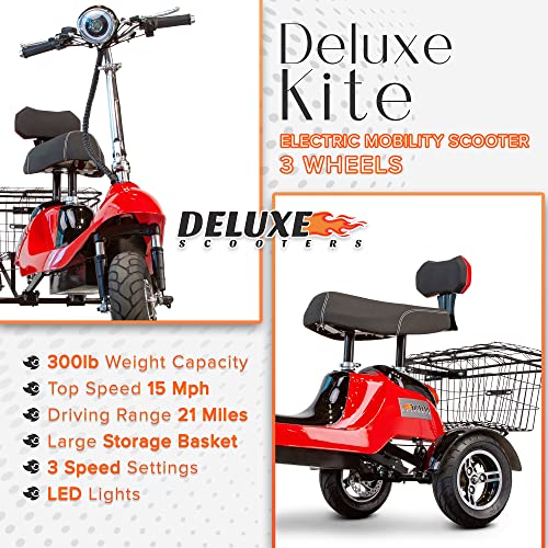 Deluxe Kite Electric Mobility Scooter 3 Wheel – For Seniors And Adults Comes W/Basket Long Range Battery Pack 21 Miles Driving Easy Transport With Folding Tiller & Removable Seat, Up To 15 Mph, Red #TOP3