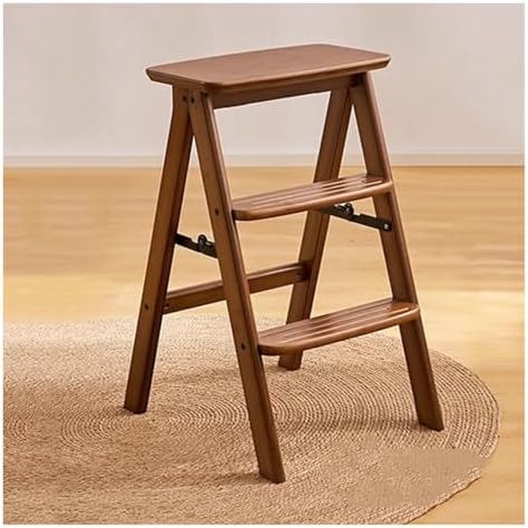 3 Step Ladder Folding Wooden Step Stool,2-in-1 Wood Foot Stool Display Storage Shelf Flower Rack for Home Ktichen,Portable Anti-Slip Step Ladder