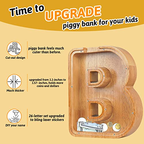 Image of Piggy Bank for Kids, Boys, Girls, Large Personalized Wooden Letter Piggy Bank with Cut Out Design, Alphabet Letter Coin Banks, Money Savings Box, Wooden Bench for Kids Creative