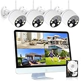 【500万高画素広角撮影】防犯カメラ ワイヤレス 屋外 12型IPS防犯モニター 10台増設 AI人物検知 人感発光 フルカラー暗視撮影 双方向通話 YESKAMOO Wi-Fi監視カメラ ワイヤレス IP66防水防塵 110°広角 録音 防犯カメラセット H.265+圧縮 24時間録画 常時録画 動体検知（500万画素無線防犯カメラ4台＋12インチ防犯モニター付き録画機＋内蔵式HDD）