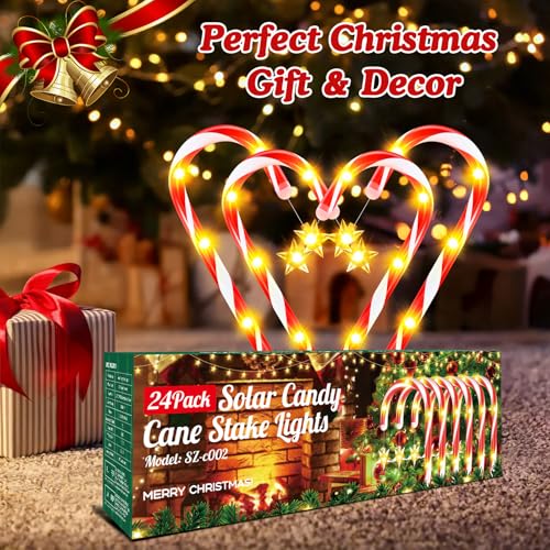 WdtPro 24-Pack Upgraded Solar Christmas Candy Cane Lights, Solar Pathway Lights Waterproof, Christmas Decorations Outdoor with 10 Modes and Bright 144 LED for Yard Garden Lawn Patio Party Decor by WdtPro - Image 3