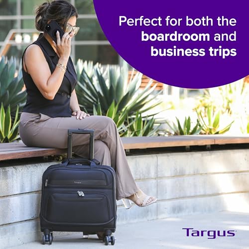Targus 16” Transit 4-Wheel Rolling Laptop Bag, Lightweight Multi-Compartment Carry-On Rolling Briefcase for Women Men, Laptop Bag on Wheels, Telescopic Handle, Smooth-Gliding Wheels, Black (TBR044GL)