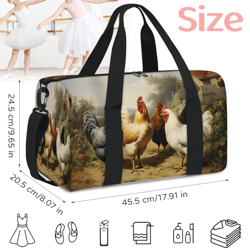 Farmhouse Rooster Chicken Sports Duffle Bag for Travel Waterproof Carry on Tote Bag with Adjustable Strap Travel Weekender Overnight Bags for Dance, Swim2