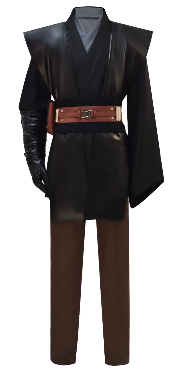 Men Anakin Skywalker Cosplay Jedi Tunic Jacket Belt Pants Robe Cape with Gloves Halloween Costume Battle Uniform Brown Medium