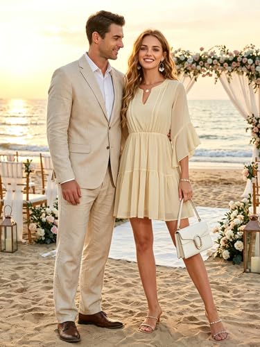 Image of Womens Spring Summer Mini Dress Western Ruffled Sleeve Chiffon V Neck Flowy A Line Short Wedding Guest Party Dresses
