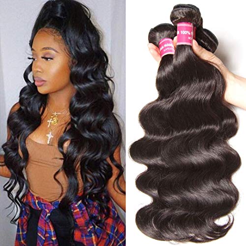 Sunber Brazilian Hair Body wave 3 bundles 7a Grade 100% Virgin Unprocessed Human Hair Weave 95-100g/bundle (16 18 20inch, Natural Black Color)