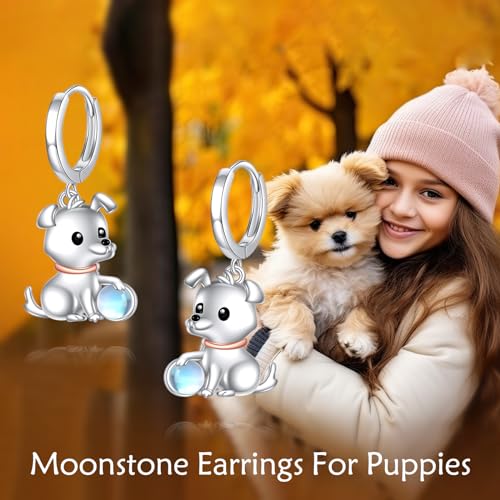 Hund Ohrringe für Damen - 925 Silber Creolen Mit Mondstein, Hängend Schmuck Geschenk für Kinder Mädchen