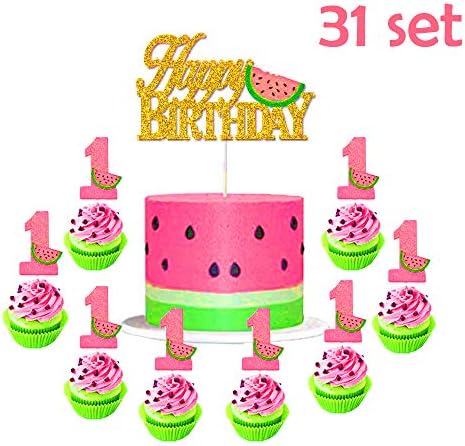 Suppar 31 Set One in a Melon Cake Cupcake Toppers, Watermelon Cake Decorations for Baby 1st Birthday Party Supplies Summer Tropical Fruit Sweet Themed Party Cupcake Decor